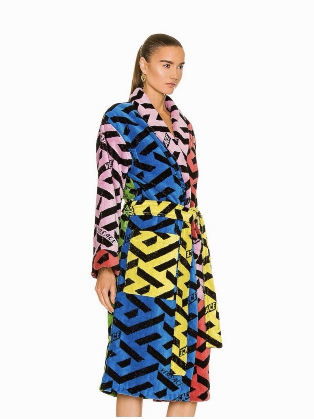 Versace Multicolor Geometric Logo Terry Robe - Blue, Pink, Yellow, Green, Red